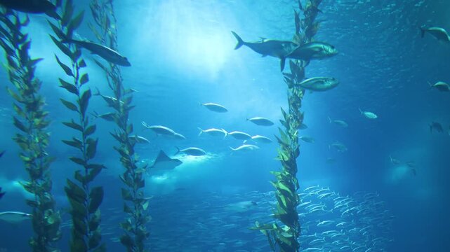 A dense school of silver fish navigates through tall green kelp stalks in deep blue aquarium waters, illustrating the beauty and serenity of underwater ecosystems.