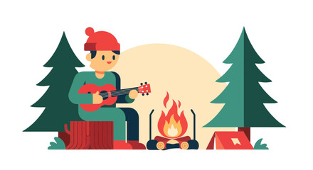 A Person Plays Guitar by a Campfire Under the Moonlight in the Woods