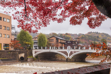 View of a picturesque arched bridge spanning a gently flowing river, framed by vibrant red autumn foliage, evoking a serene and timeless scene, Kanazawa, Ishikawa, Japan.