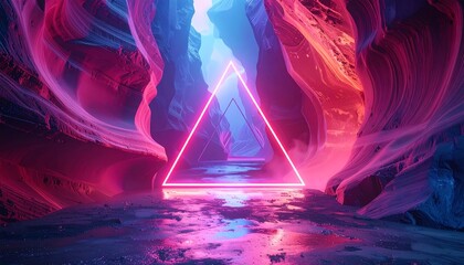 Neon triangle shines in a canyon with sculpted rock formations, bathed in vivid magenta, blue, and pink light