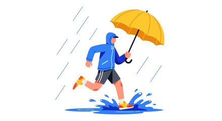 A Person Runs In The Rain While Holding A Yellow Umbrella And Staying Dry