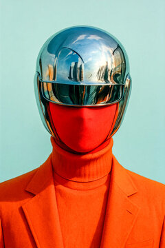 Futuristic portrait with chrome helmet and red suit &ndash; abstract sci-fi fashion concept blending technology and identity
