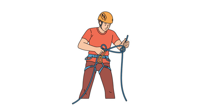 A Person Securely Working on A Rope, Preparing For A Mountain Ascent Adventure