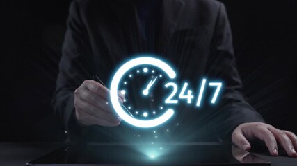 A businessman gestures toward a digital interface displaying a glowing clock symbolizing 24 hour availability, surrounded by various communication icons, emphasizing constant connection. Qubit - Powered by Adobe