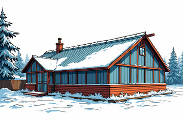 Snow-covered greenhouse surrounded by winter trees