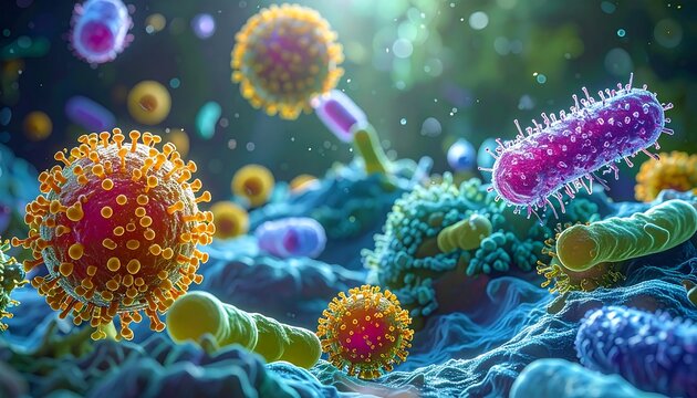 Microscopic view with various bacteria and viruses floating over a cellular surface, illuminated by bright sunlight