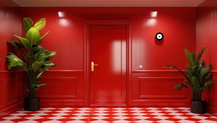 Red hallway interior with a red door, potted plants, and a red and white checkered floor