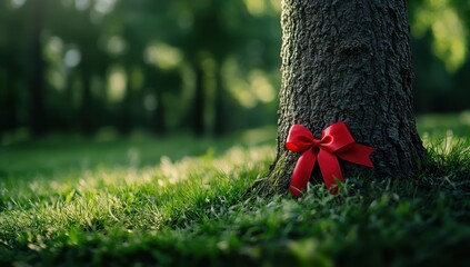A red ribbon tied around the base of a tree trunk in a sunlit park setting