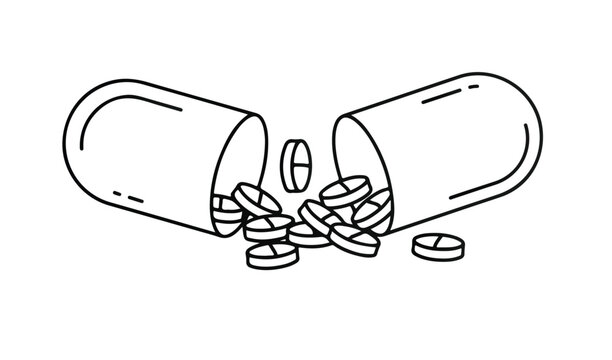 Open capsule spilling out pills and tablets line art illustration