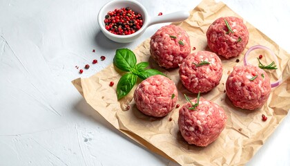 Raw meatballs with herbs and pepper on parchment paper, against a textured white backdrop, food preparation