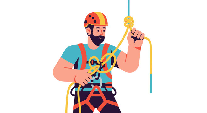 A Person Is Climbing A Rope, Wearing Harness, Illustrative Style, Black Background