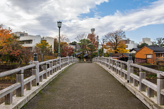 View of a stone bridge stretching towards trees with autumn colors against a cloudy sky, blending nature with the urban landscape, Kanazawa, Ishikawa, Japan. - Powered by Adobe