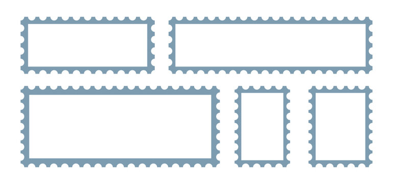 Postage stamp borders vector. ost stamp frame and border. Grey square and rectangular template for mail, postcard, letter. Jagged wavy edge forms. Vintage objects for poster