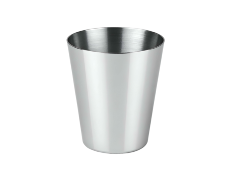 A shiny, metallic, cylindrical drinking cup with a wide opening