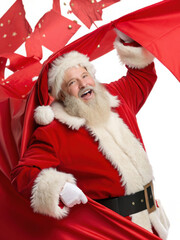 Authentic Santa Claus joyfully emerging from vibrant red banner, spreading holiday cheer and excitement
