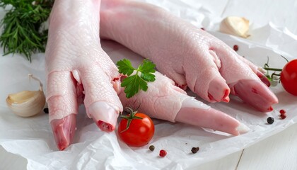 Raw pig trotters, accompanied by herbs, garlic, and cherry tomatoes on white paper, lie ready for cooking