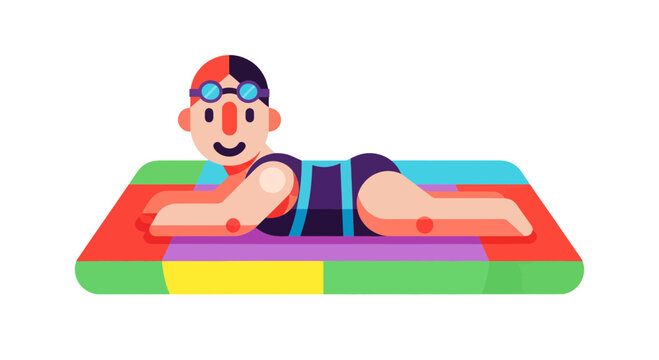 A Swimmer Relaxing On Colorful Mat In An Artistic Flat Vector Illustration