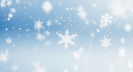 Fototapeta premium Beautiful background with detailed white snowflakes falling through light blue winter atmosphere