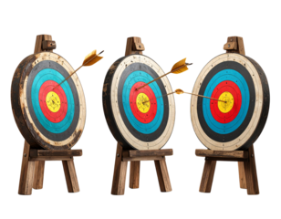Multiple Bullseye Targets with Arrows in Varying Positions, Angled Perspective, Isolated.