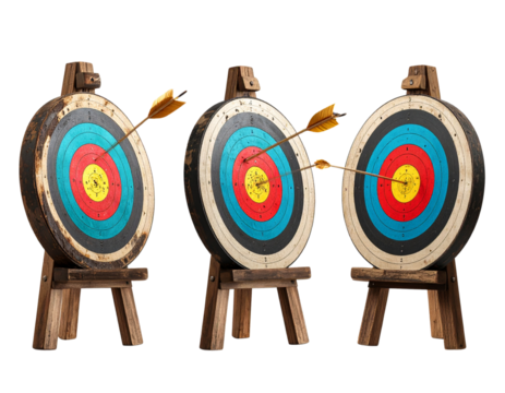 Multiple Bullseye Targets with Arrows in Varying Positions, Angled Perspective, Isolated.