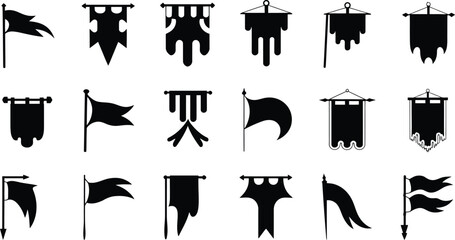 Medieval Flag and Banner Silhouettes Set, Vintage Heraldic Vector Icons Collection