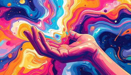 Open hand emerges from swirling vibrant colors of pink, blue, purple, and yellow, like flowing paint