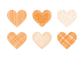 Collection of six orange hearts with different patterns