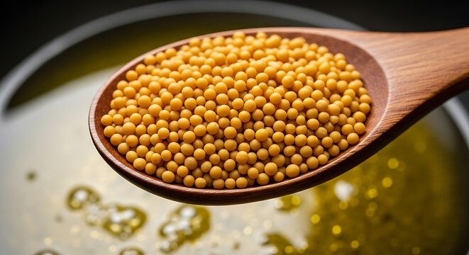 Wooden spoon filled with mustard seeds held over a bowl of yellow liquid in a close up shot