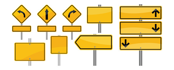 Set of yellow traffic warning signs for road safety. Blank yellow road sign set Realistic yellow road sign set vector illustration.