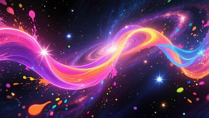 Abstract cosmic energy artwork a flowing ribbon of vibrant neon colors, pink, purple against dark black background.