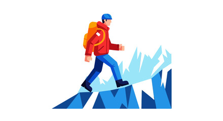 Adventurer Ascending A Snowy Mountain In Vibrant Cartoon Illustration Style