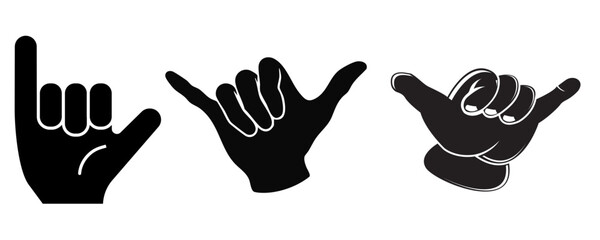 Fototapeta premium A set of three black shaka hand gesture icons, also known as the hang loose sign, depicted in various graphic styles on a white background.
