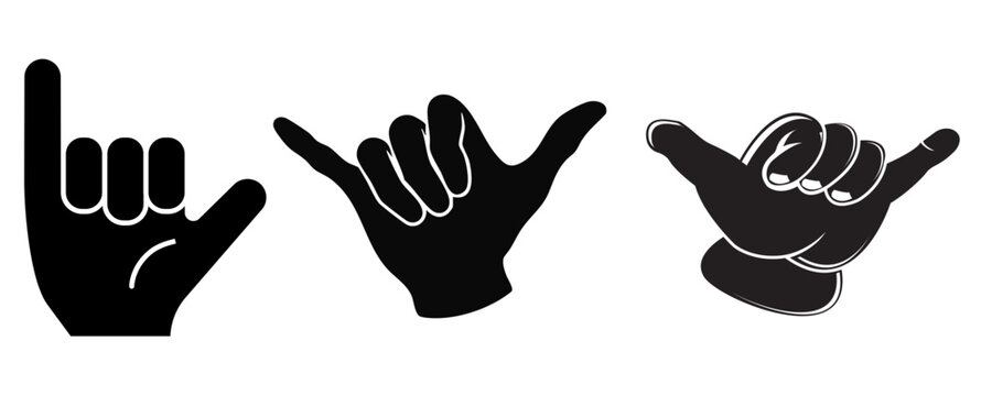 A set of three black shaka hand gesture icons, also known as the hang loose sign, depicted in various graphic styles on a white background.