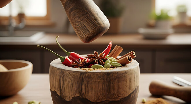 A mortar and pestle with spices like star anise, cinnamon, chili peppers, and cardamom in a kitchen