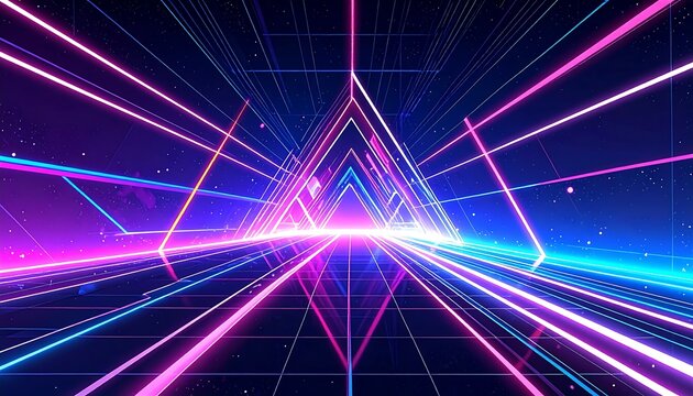 Retro neon geometric gridscape creates a vibrant, futuristic illusion of depth with converging pink and blue lines