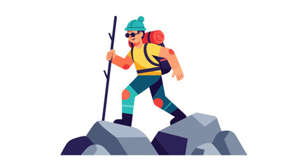 Fototapeta premium Adventurer Climbing Over Rocks Towards New Opportunities on a Dark Background