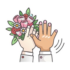 Hands of bride and groom with wedding rings on beautiful bouquet of roses.