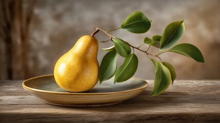 Pear leaning on handmade ceramic plate symbolizing farm to table freshness organic lifestyle and natural balance perfect for wellness branding eco packaging and rustic food advertising