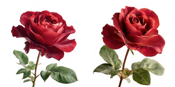 Two vibrant, isolated red roses with green stems and leaves, perfect for romantic and natural themes. isolated on transparent background