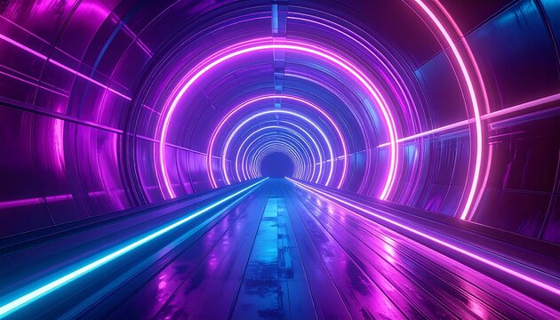 Neon tunnel with concentric circles and reflective floor, bathed in purple and blue light