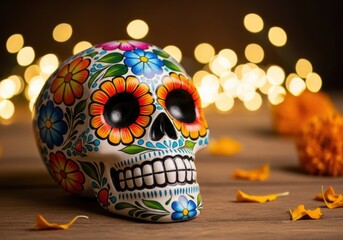 A colorful day of the dead sugar skull decorated with flowers and patterns, with bokeh lights in the background