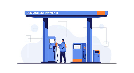 Illustration of a man refueling his vehicle at a contactless payment gas station