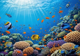 Vibrant coral reef ecosystem teeming with tropical fish underwater