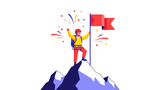 Achieving Peak Success Illustration: Climber on a Mountain Celebrating Victory with Flag