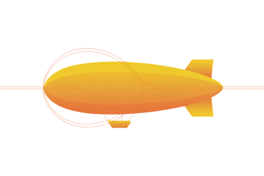 Vibrant golden airship soaring majestically through sky, symbolizing adventure and exploration with a modern, clean aesthetic