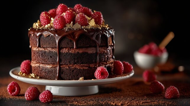 Luxurious Elegant Rich Triple Chocolate Layer Cake Topped with Raspberries, Ganache Drip and Gold Dust, Elegant Dessert Close-Up Photography - Powered by Adobe