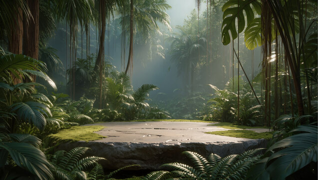 A smooth flat stone platform covered with light moss