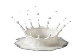 Milk splash crown creating liquid drops and waves, pouring white dairy beverage movement with transparent background