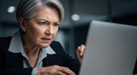 Caucasian woman looking at laptop with confused expression. Senior business person reacting to computer problem or bad news onscreen.