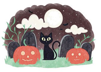 A spooky Halloween illustration showing a black cat in a graveyard at night, surrounded by glowing pumpkins, mist, and a bright full moon in the background. Cartoonish yet atmospheric style. 2